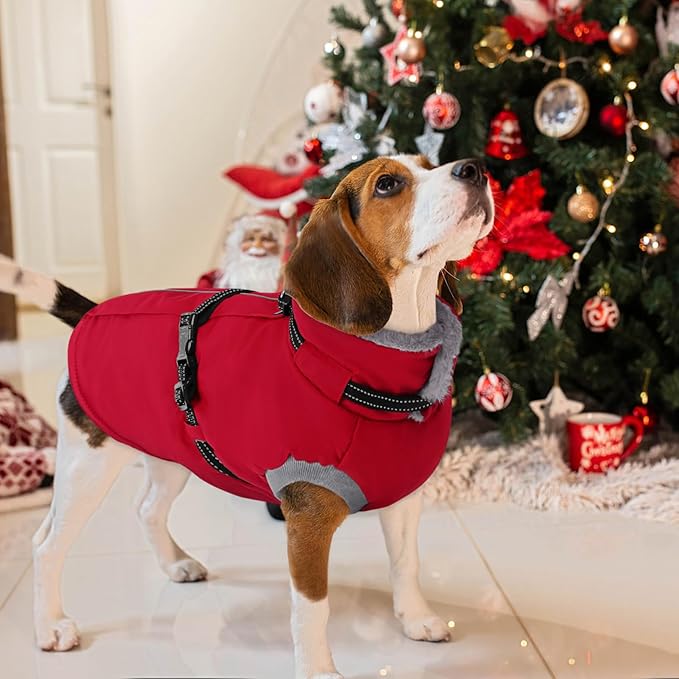AOFITEE Dog Coat for Large Dogs, Warm XL Dog Jacket Winter, Pet Winter Coat with Harness Built in, Fleece Puffer Jacket Waterproof Reflective Snowsuit for Extra Large Dogs, Christmas Red XL