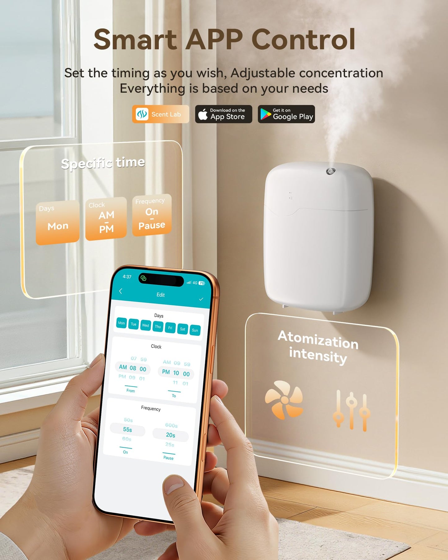 SEEDEAR Waterless Essential Oil Diffuser with Bluetooth App Control, Smart Scent Air Machine Covers Up to 3000 Sq Ft for Home, Hotel & Spa, Quiet Aromatherapy Diffuser with Timer & Mode (White)