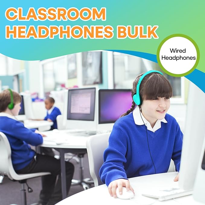 100 Pack Bulk Headphones for Classroom School Kids, Wholesale Class Set Durable Headset for Student Boys Girls Adults, Wired Earphones with 3.5mm Jack for Computer Chromebook (HY857,100 Mixed)