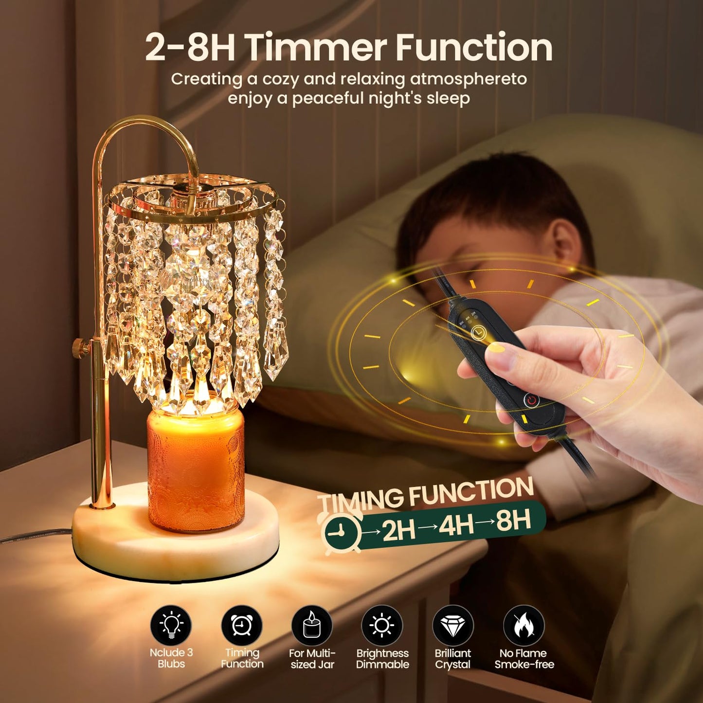 Candle Warmer Lamp with Timer Dimmer，2H/4H/8H Timer , Lamp Candle Warmer with Marble Base for Adjustable Height, Crystal Wax Melt Warmer for Jar Candles, House Warming Decor Gifts Mothers Day Gifts