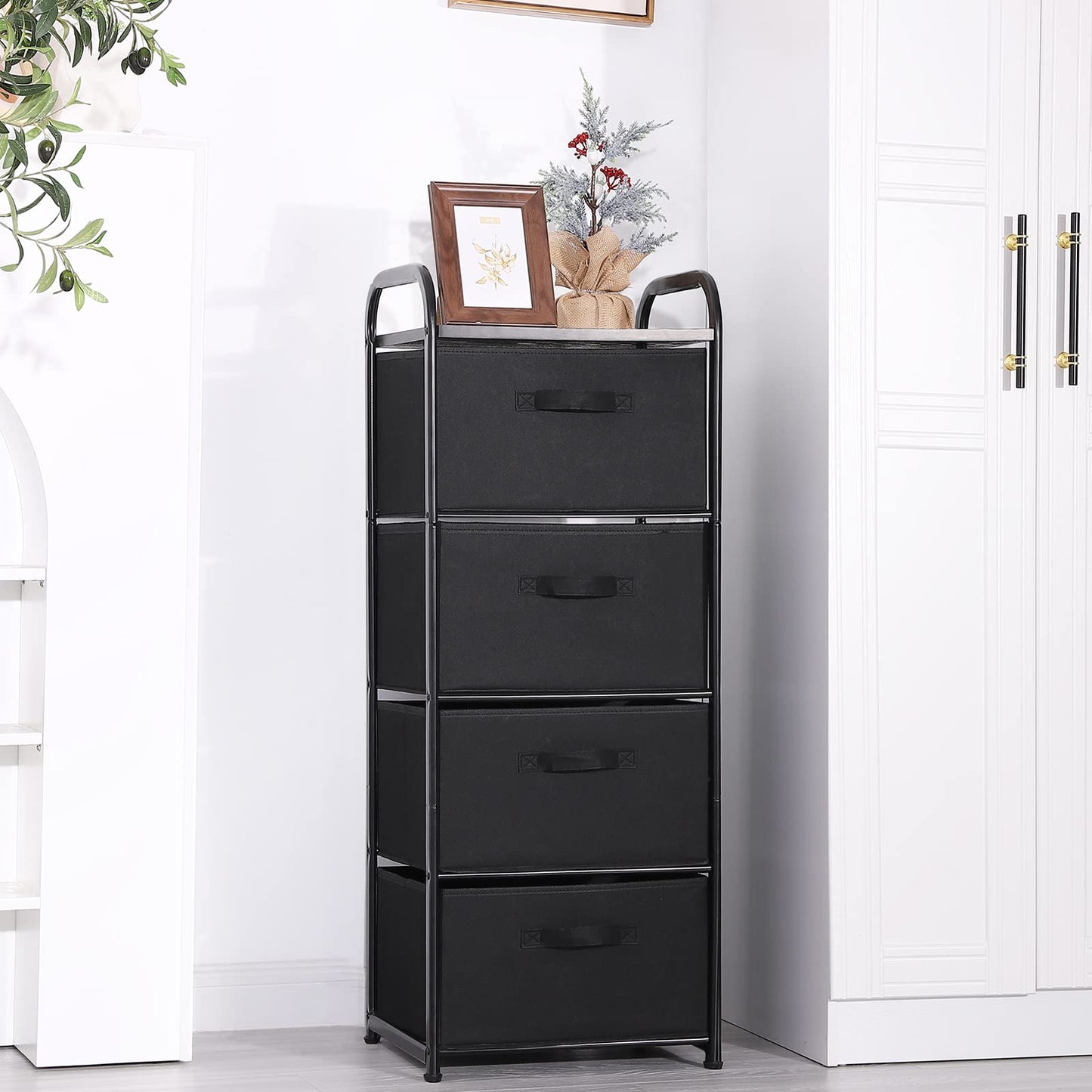MAX Houser 4 Drawer Fabric Dresser Tall Storage Tower, Dresser Chest with Wood Top, Vertical Nightstand Side Organizer Unit with Metal Frame for Closets Bedroom Nursery Room Hallway(Black)