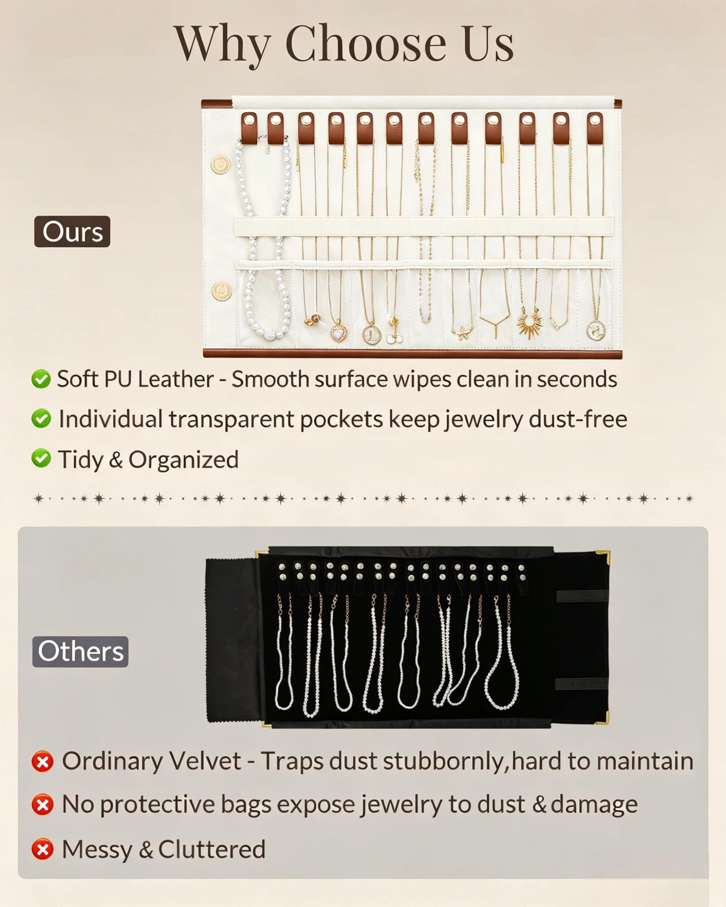 Lolalet Travel Necklace Organizer, Tangle-Free Necklace Case for Travel, Foldable Roll Up Jewelry Storage Bag for Necklaces Chains Bracelets, Caramel, 12 Slots Holder