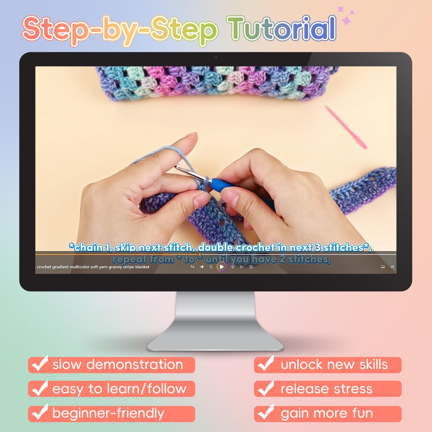 Aeelike Blanket Crochet Kit for Beginners, Super Easy Crochet Blanket Kit with Soft & Colorful Gradient Yarns Detailed Video Tutorials Crocheting Accessories, Rainbow Gradient & Ideal Gift