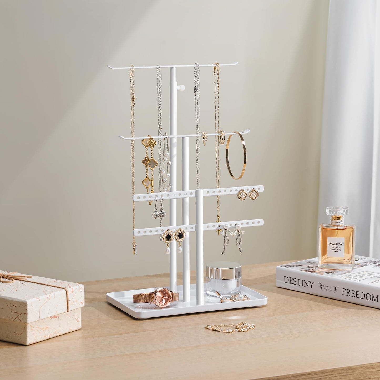 susswiff Jewelry Holder Organizer Stand - Adjustable Jewelry Tree 17.5" Height (Max), Jewlery Hanger for Necklaces, Bracelets, Earrings, Stainless, White