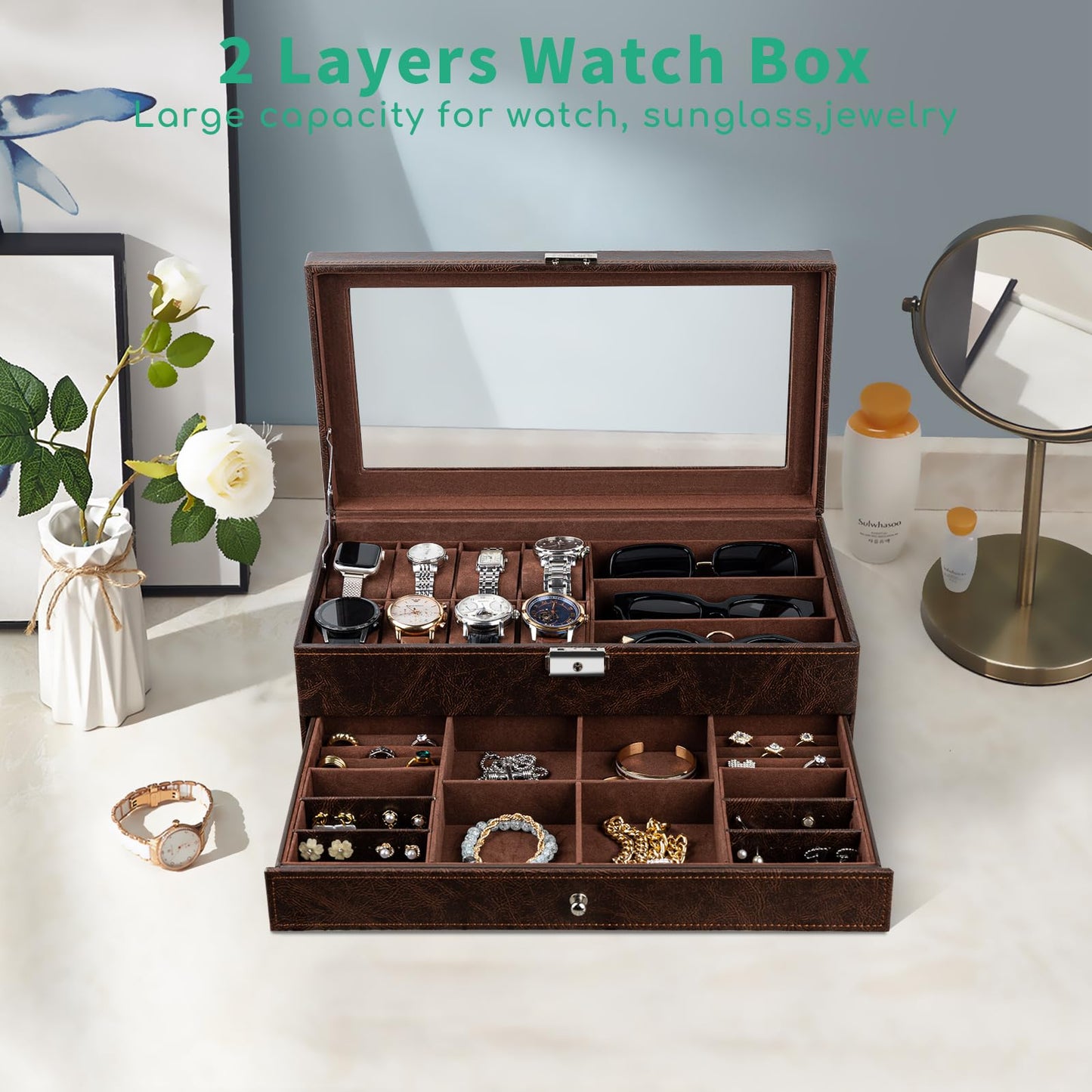 TomCare Watch Box 2-Tier Watch Case Jewelry Organizer Box with Thick Glass Lid Lockable Watch Organizer Jewelry Display Holder Sunglass Rings Necklaces Bracelets Storage Organizer for Men Women,Brown