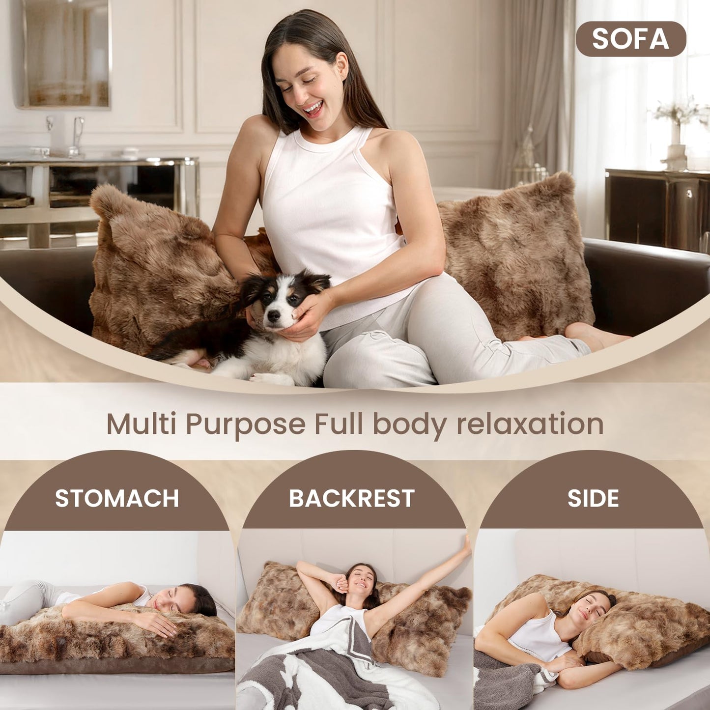 ZonLi Fluffy Body Pillow for Adults, Fuzzy Faux Fur Long Pillow with Shredded Memory Foam, Adjustable Support for Side Sleepers, Gifts, 20 x 54 Inch, Brown