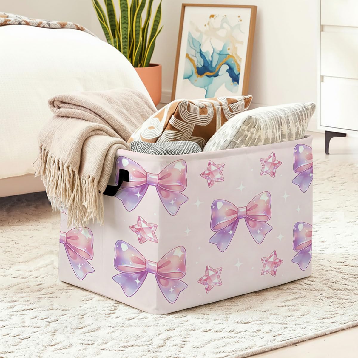 56L Beautiful Bow Foldable Square Laundry Hamper with Handles – Large Clothes, Blanket & Toy Storage Basket for Home Organization.