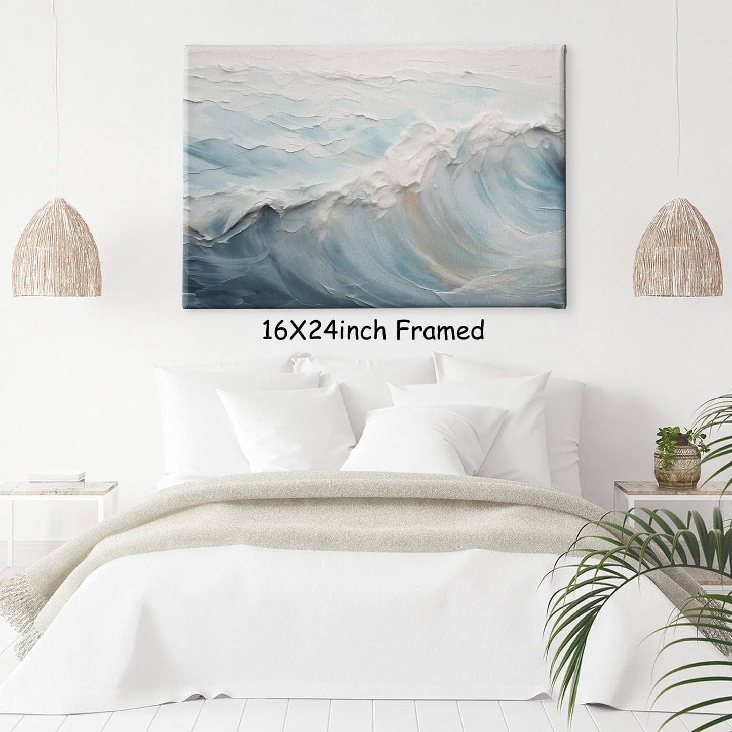 Neutral Ocean Wall Art Abstract Seascape Painting Trendy Beach Prints Ocean Landscape Pictures Wall Decor Blue and White Coastal Prints Abstract Wave Poster for Livingroom Bedroom 16x24in Framed
