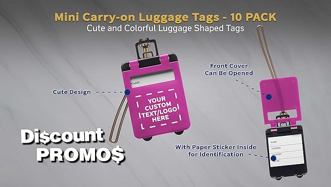 10 Mini Carry-on Luggage Tags Pack - Customizable Text, Logo - Flip Open Cover, ID Sticker - Purple