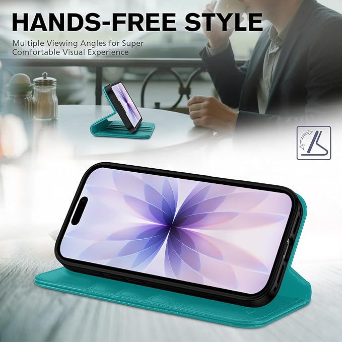 TUCCH Case Wallet for iPhone 17 (6.3-Inch) 2025, 3 Card Slots | Kickstand | RFID Blocking | PU Leather | Protective Flip Folio Cover | TPU Shockproof Interior Shell | Cyan