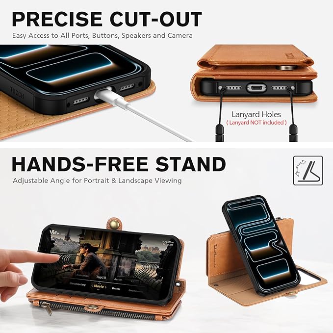 TUCCH Removable Crossbody Case Wallet for iPhone 17 Pro Max 6.9" 2025, Wireless Charging, RFID Blocking 10 Card Slots, Lanyard Wrist Strap, Zipper Pocket, PU Leather, Stand Magnetic Cover, Light Brown