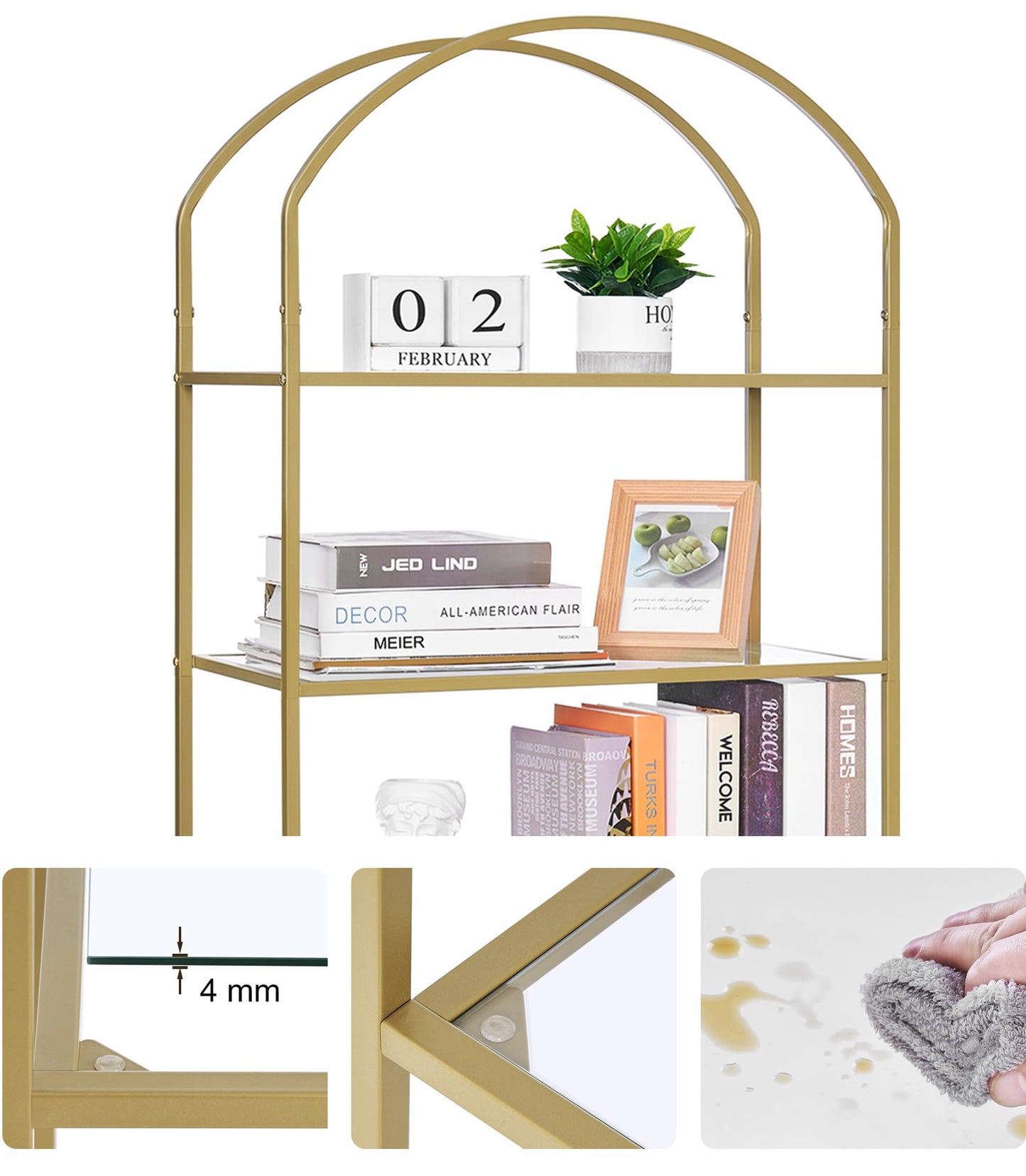 Homhedy Bookshelf Arched Display Racks,Metal Bookcase,Tempered Glass Shelves,Storage Rack Shelf for Home Office,Living Room,Bedroom, Bathroom,Modern Style (Golden, 11.8" D x 23.6" W x 73.6" H)