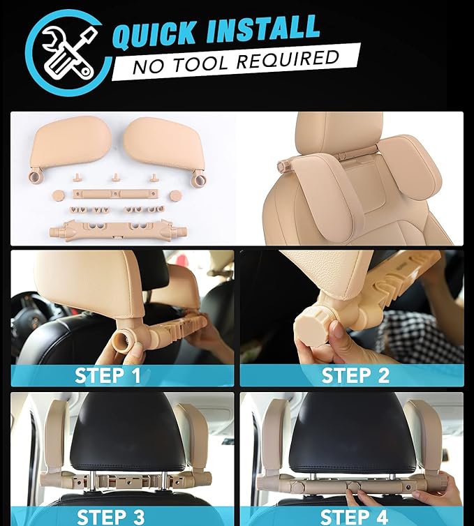 JZCreater Car Headrest Pillow, 180°Adjustable Head Neck Support Pillow, U- Shaped, Travel Sleeping Car Headrests, Only for Car Seat Headrest with 2 Metal Poles， Not for Fixed or Integrated headrests