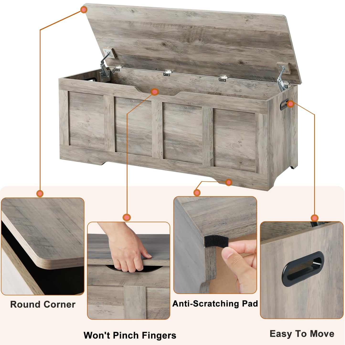 Timberer 47.2" Storage Chest, Extra Large Storage Trunk with 2 Safety Hinges, Wooden Storage Bench, Shoe Bench, Entryway Bench for Living Room, Bedroom, Grey