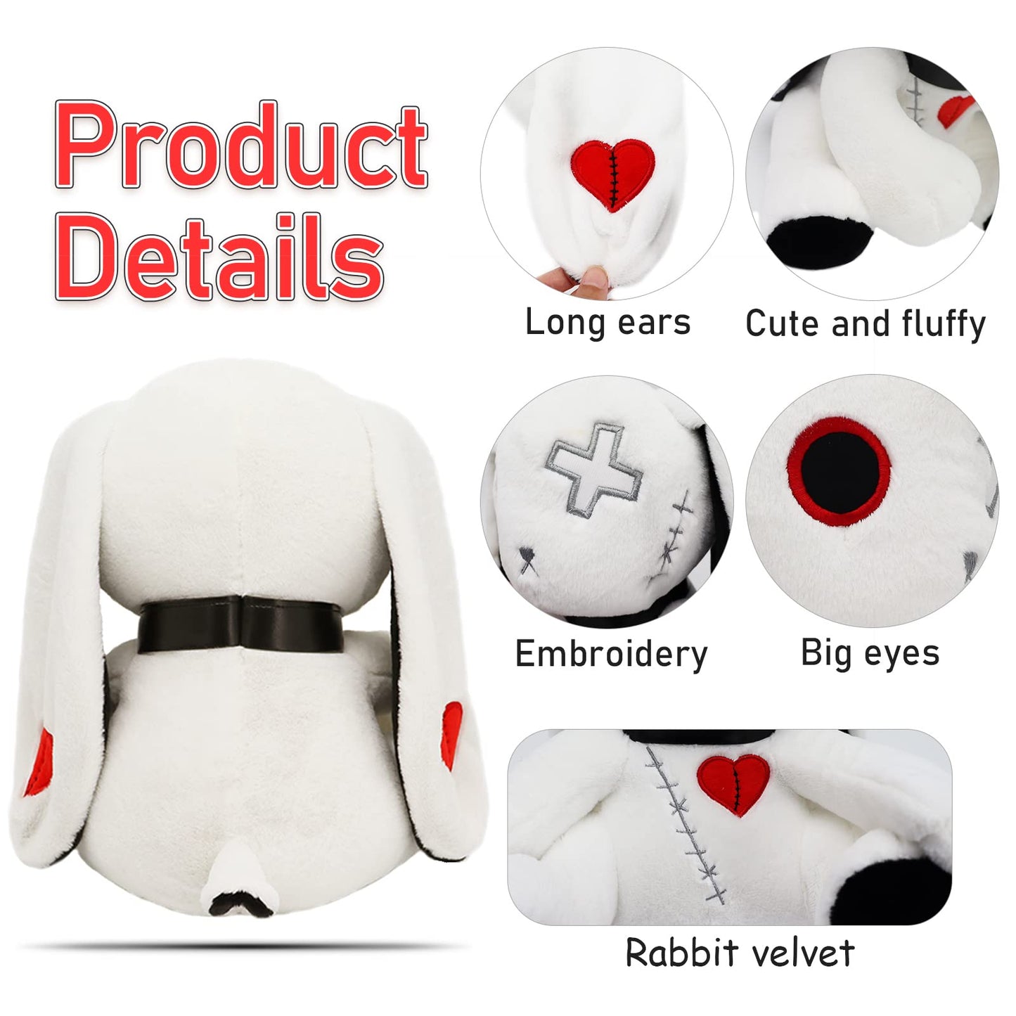 Qleewei Goth Bunny Plush Rabbit Stuffed Animal Horror Plushies Easter Stuffed Creepy Spooky Bunny Stuffed Animal Crazy Rabbit Plushie Toy