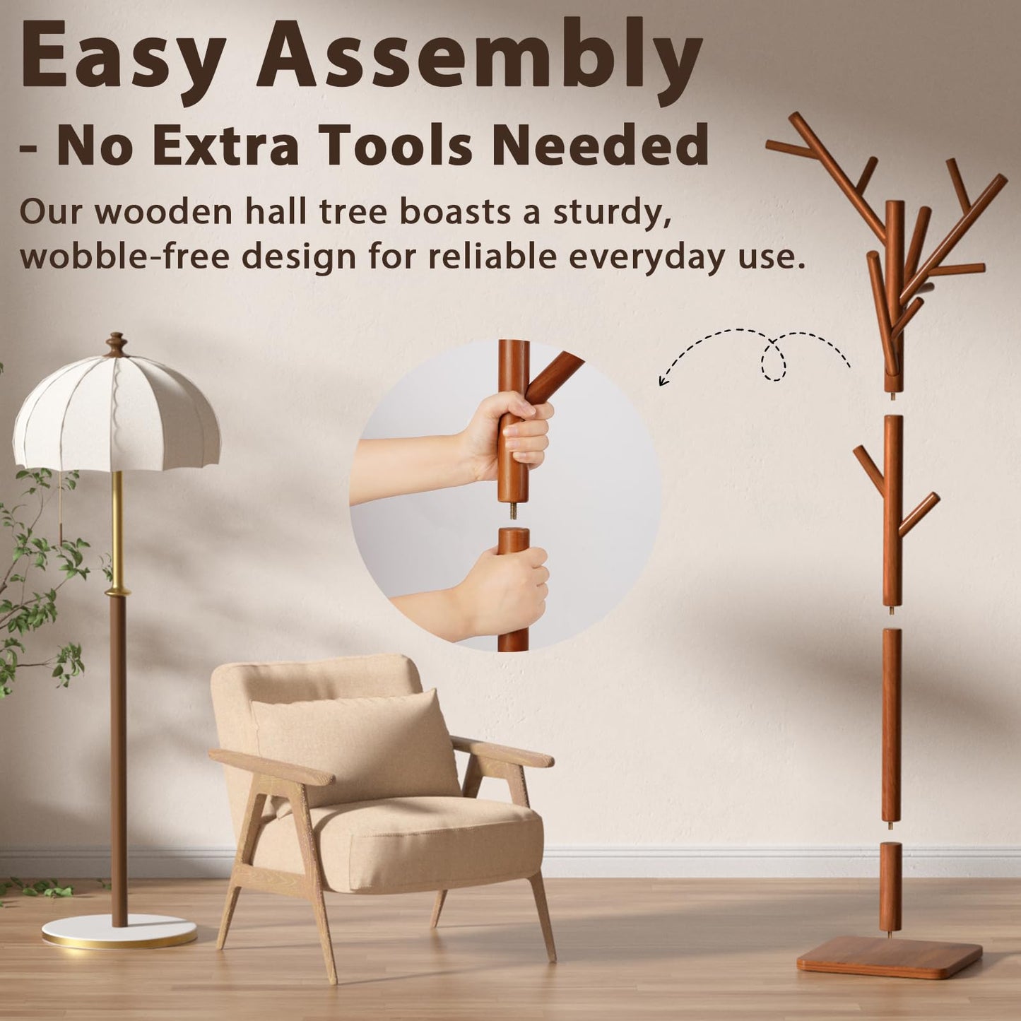 Olpchee Solid Wood Coat Rack - Freestanding Coat Hat Rack Stand with 14 Hooks, Clothes Rack Heavy Duty Space Saving Entryway Coat Tree Hanger Rack for Coats Jackets Hats Bags, Adjustable Height