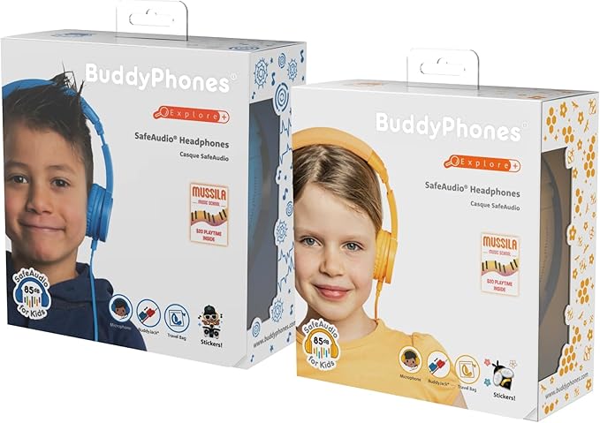 BuddyPhones Explore Plus | Foldable Kids Wired Headphones, Built-in Audio Sharing Cable with in-Line Mic - SafeAudio Volume-Limiting for Kindle, iPad, iPhone, or Android (Cool Blue)