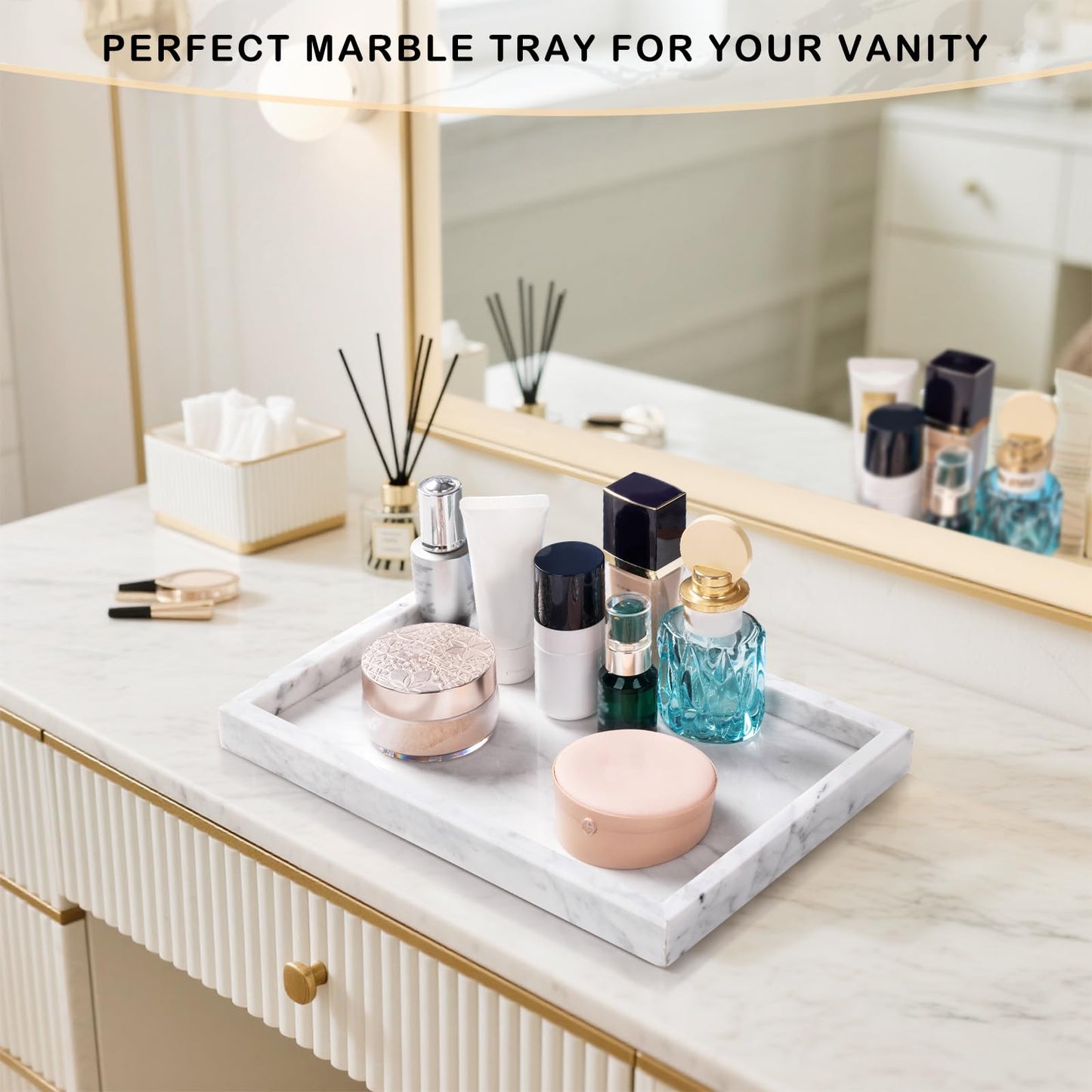 Homaura Marble Bathroom Tray for Countertop & Home Decor, Natural Decorative Marble Tray for Jewelry & Perfume Organizer, Luxury Stone Vanity Trays for Dresser, Kitchen Counter, 12" x 8", White