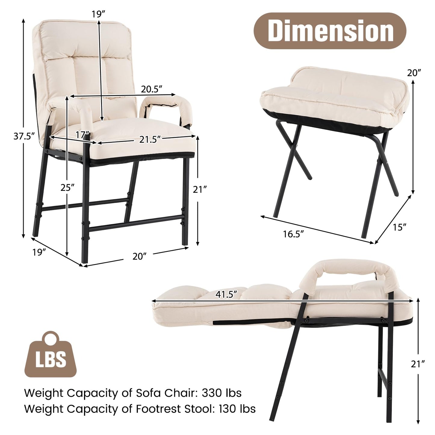 Giantex Modern Accent Chair with Ottoman, Upholstered Arm Chair with Adjustable Backrest & Solid Metal Frame, Linen Fabric Single Sofa Chair and Footrest Set for Bedroom, Living Room (Beige)