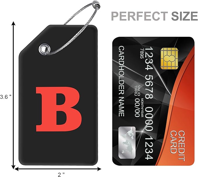 Gostwo 2 Pack Silicone Luggage Tags for Suitcases, 26 Initial Letter Baggage Labels Handbag School Bag Suitcase Instrument Tag with Stainless Steel Loop(Black)(Letter B)