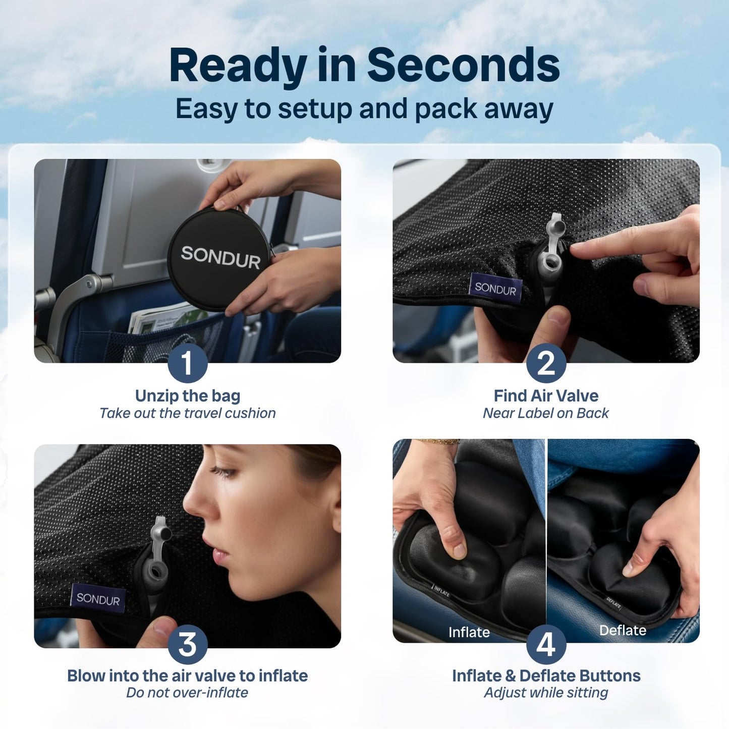Sondur™ Travel Cushion – CloudAir Technology Airplane Seat Cushion – Inflatable Travel Cushion for Long Flights – Portable Air Cell Design, Puncture-Resistant Waterproof Pad – Black