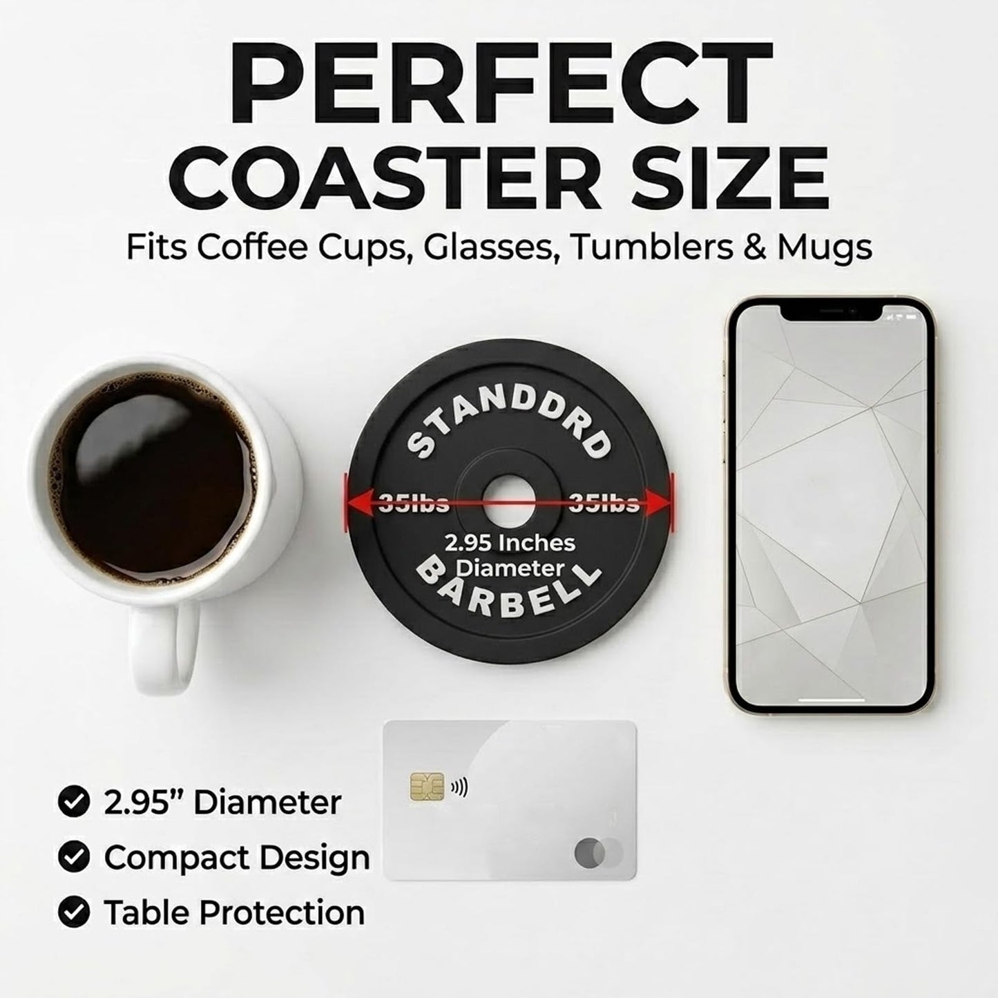 Weight Plate Coaster Set with Rack, 4 Pack Barbell Bumper Plate Drink Coasters, Durable Non-Slip Drink Mats, Unique Gym Gifts, Home Gym Decor & Workout Accessories
