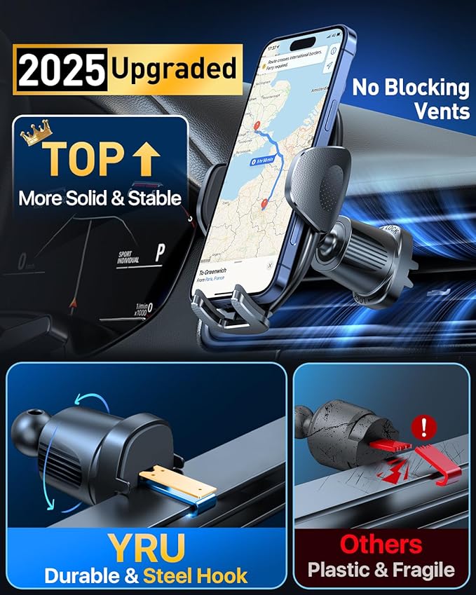 YRU [2025 Upgraded Universal Car Phone Holder Mount【360°Rotatable & Strong Suction】 Cell Phone Car Dashboard Windshield Phone Holder Dash Vent Stand for iPhone 17 16 Pro Max Samsung Truck, Black