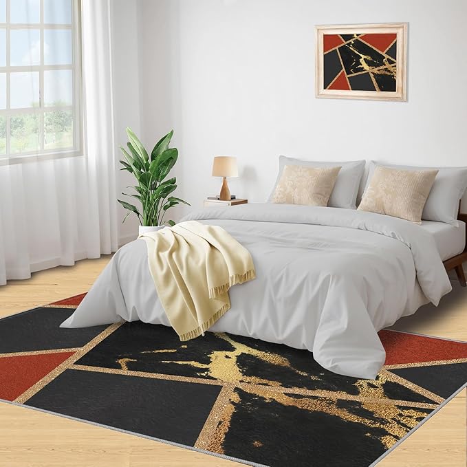 Black Gold Marble Area Rug Modern Abstract Marble Rug Polygonal Geometric Patchwork Carpet 3D Light Luxury Geometric Line Carpet for Living Room Playroom 6x8ft
