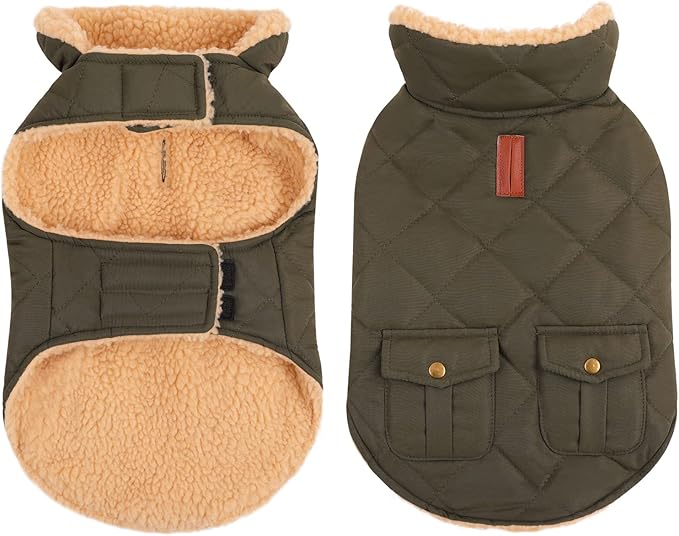 Queenmore Warm Dog Coat, Cold Weather Puffer Dog Jacket with Ultra Thick Plush Lining, Storage Pockets (Green, Large)