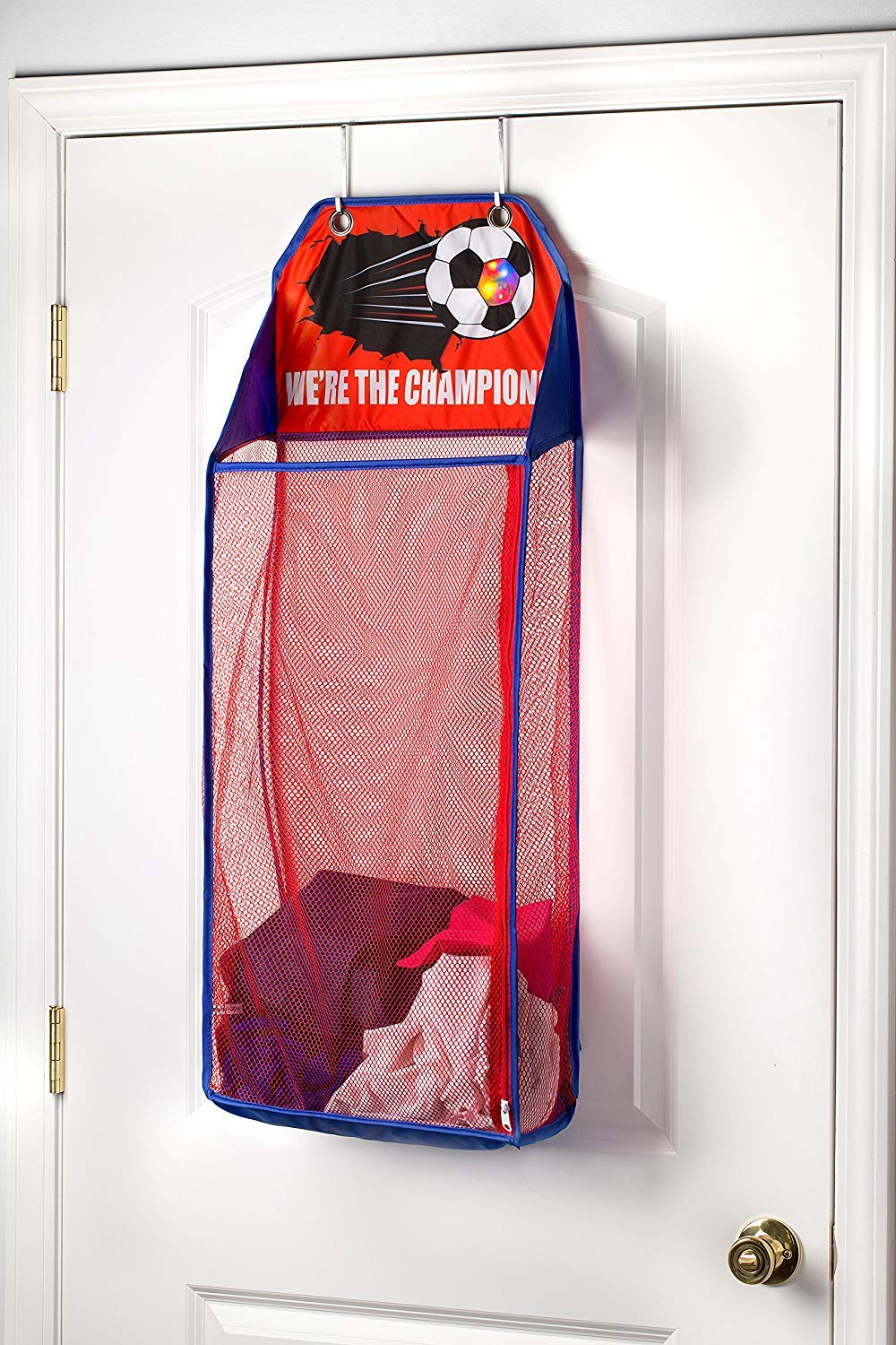 Store & Score Over The Door Hanging Kids Fun LED Soccer Light-Up Collapsible Mesh Laundry Hamper Basket, Toy Chest, Heavy Duty Metal Hooks Included. Patent Pending