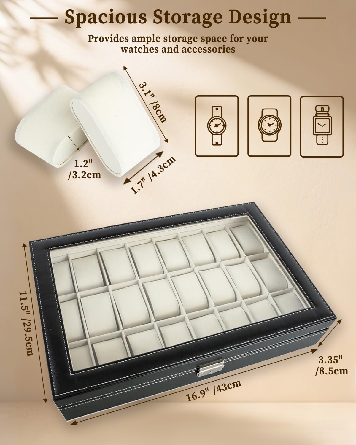 ATPEAM 24 Slot Watch Case Watch Box Organizer for Men Women Black Synthetic Leather Waterproof Dustproof Lockable Storage Case With Glass Lid (3.1'' Watch Pillow)