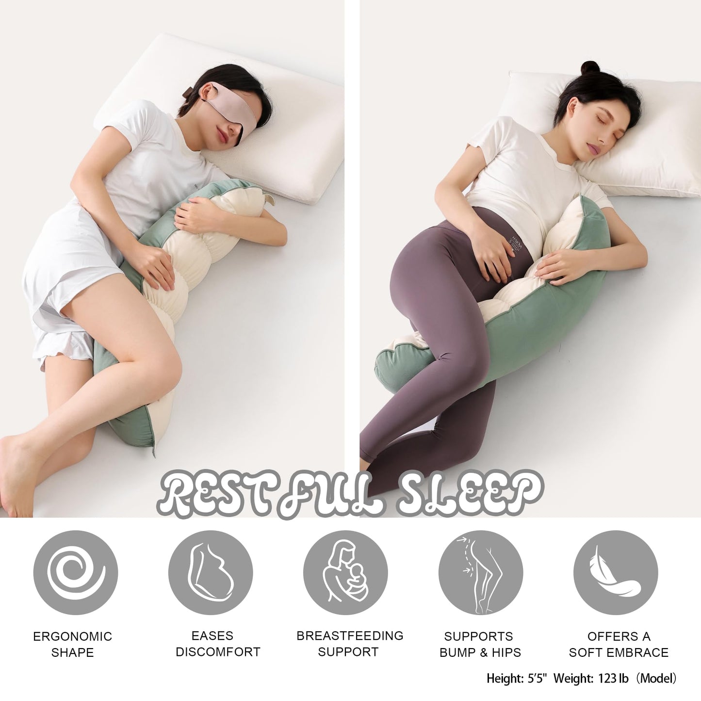 Ailuteie Peallow(Pat. Pend) – Long Round Body Pillow for Adults, Bolster Pillow for Sleeping, Soft and Supportive Pillow for Sleeping & Lumbar Support (Green-White, 29.5")