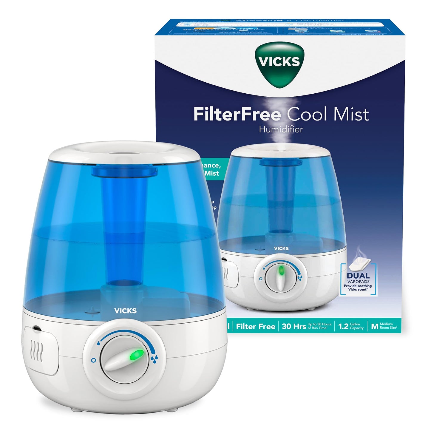 Vicks Filter-Free Ultrasonic Humidifier, Recommended by Pediatricians, 1.2 Gal Ultrasonic Cool Mist Humidifiers for Bedrooms & Kids Rooms, Works with Vicks VapoPads