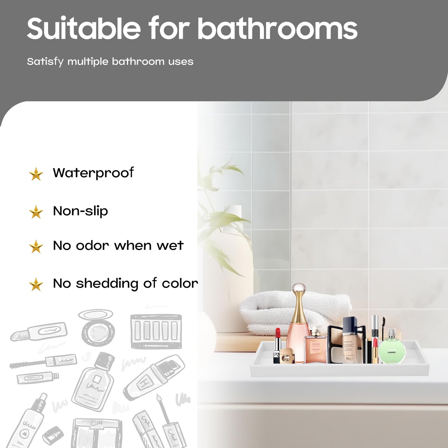 Mriluvy Vanity and Bathroom Tray, 15" ABS Countertop Organizer,Waterproof Vanity Tray for Toilet Tank,Perfume,Soap,Keys,Bathroom Accessories,Kitchen and Bath Trays,Non Slip Small Trays,White