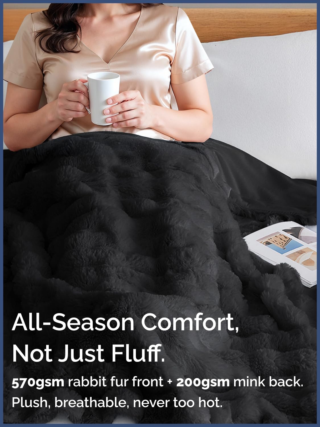 Black Throw Blanket - Fluffy Throw Bubble Blanket Queen Size - Extra Thick Rabbit Faux Fur for Couch, Sofa, Chair or Bed - All Season, Ultra-Soft, Plush, Fuzzy, Cozy for Men, Women & Teens - 90" x 90"