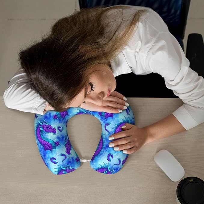 Memory Foam Airplane Pillow Purple Dragon for Car Chin Head Neck Supporting, U Shape Pillows Travel Cushion for Office, Nap Sleeping