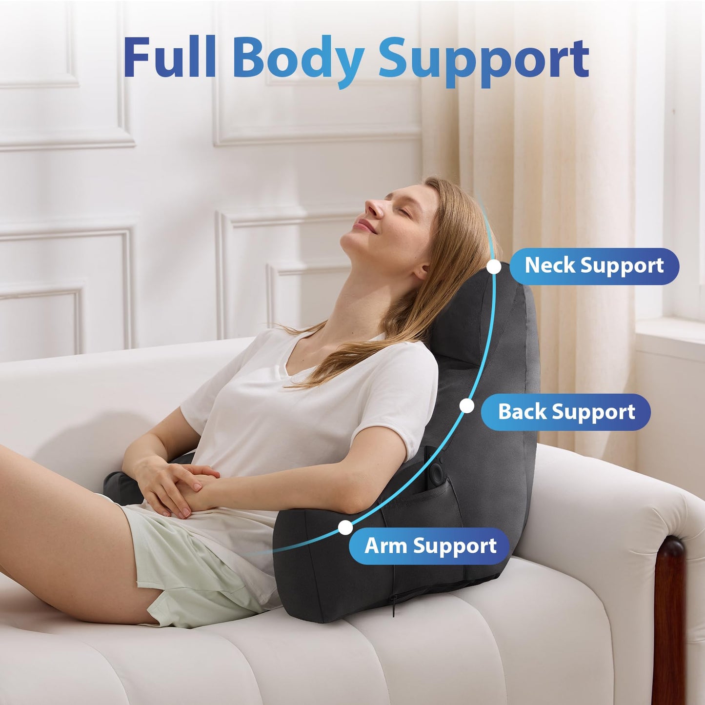 IPYNBAP Back Pillow for Bed Sitting up, Reading Pillow for Sitting in Bed Adult, Back Support Pillow, Memory Foam Sit up Lounge Backrest Pillow with Arms for TV, Couch, Chair, Dorm, 18 Inch, Grey