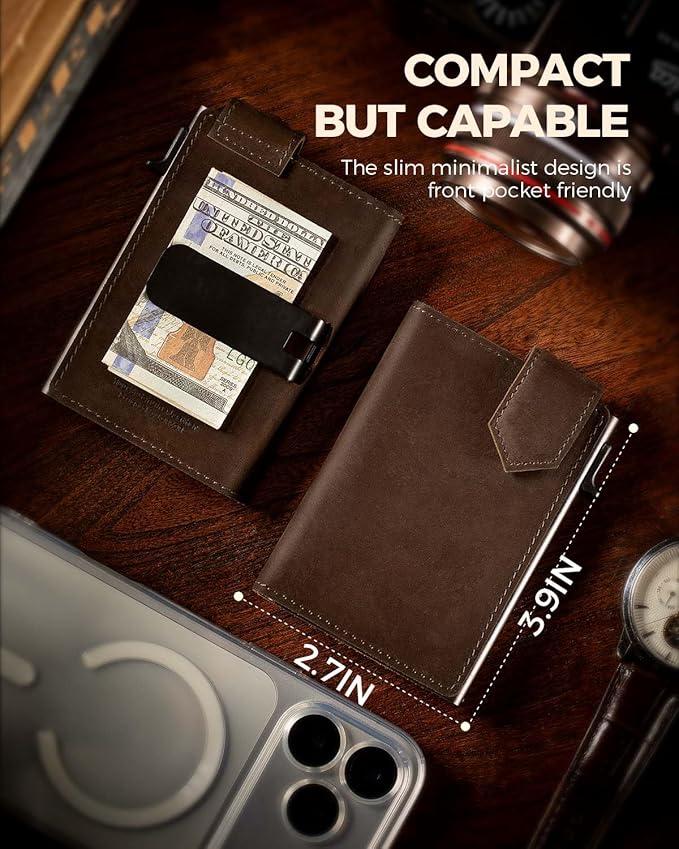 LORZOR Slim Wallet for Men with Security Latch, Pop Up Metal Card Holder Wallet, Finest Full Grain Leather Bifold Wallets, Smart, Minimalist, RFID Blocking, Front Pocket, ID Window