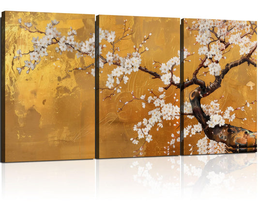 3 Pcs Framed Japanese Golden Plum Blossom Flower Wall Art Decor Canvas Print Picture Traditional Woodblock Print Style Farmhouse Poster Gallery Bedroom Living Room Office 16x24 Inch Ready to Hang