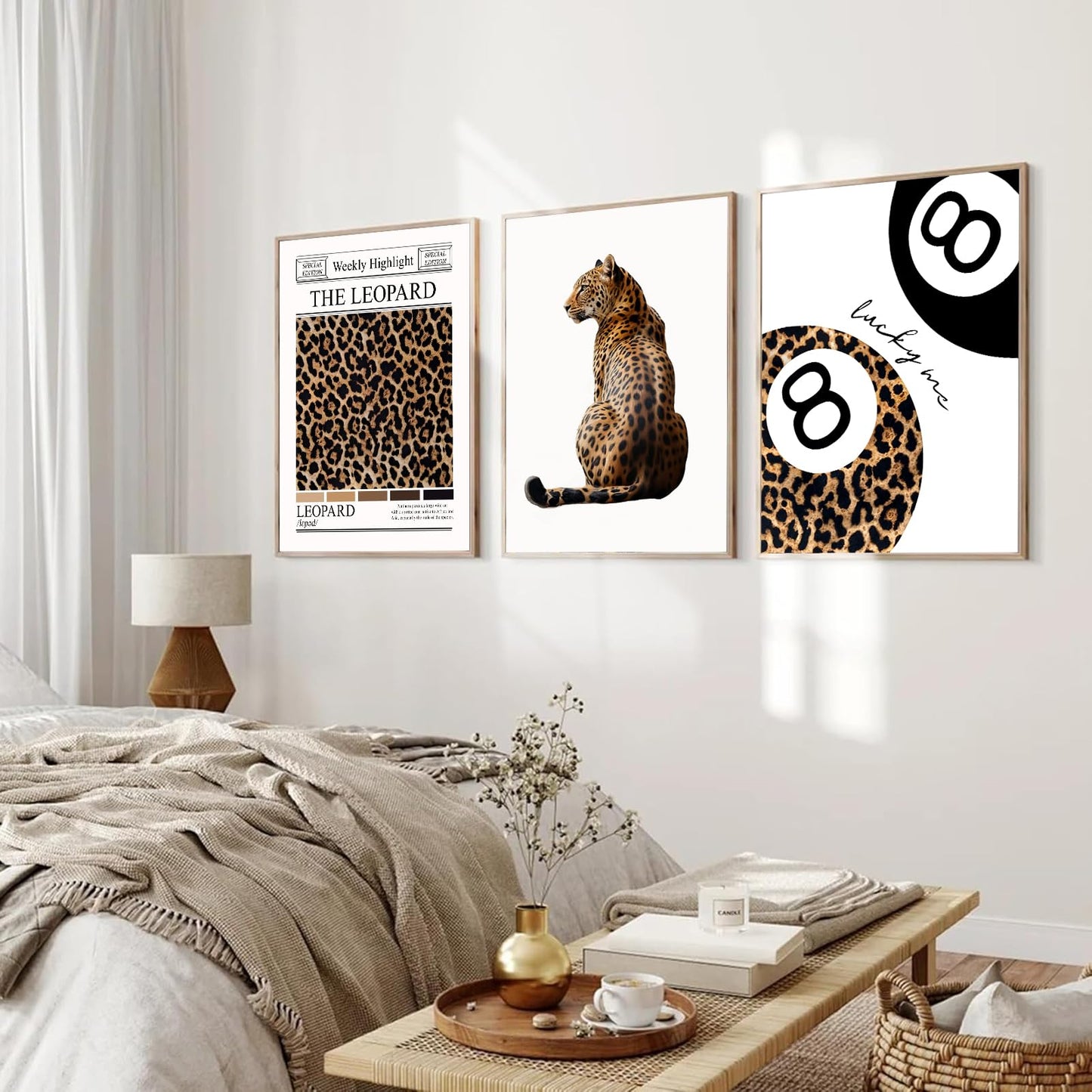 Trendy Leopard Wall Art Set of 3 Funky Lucky 8 Ball Posters Prints Preppy Room Aesthetic Cheetah Wall Decor Pictures for Girls Bedroom Apartment Dorm Unframed 16x24in