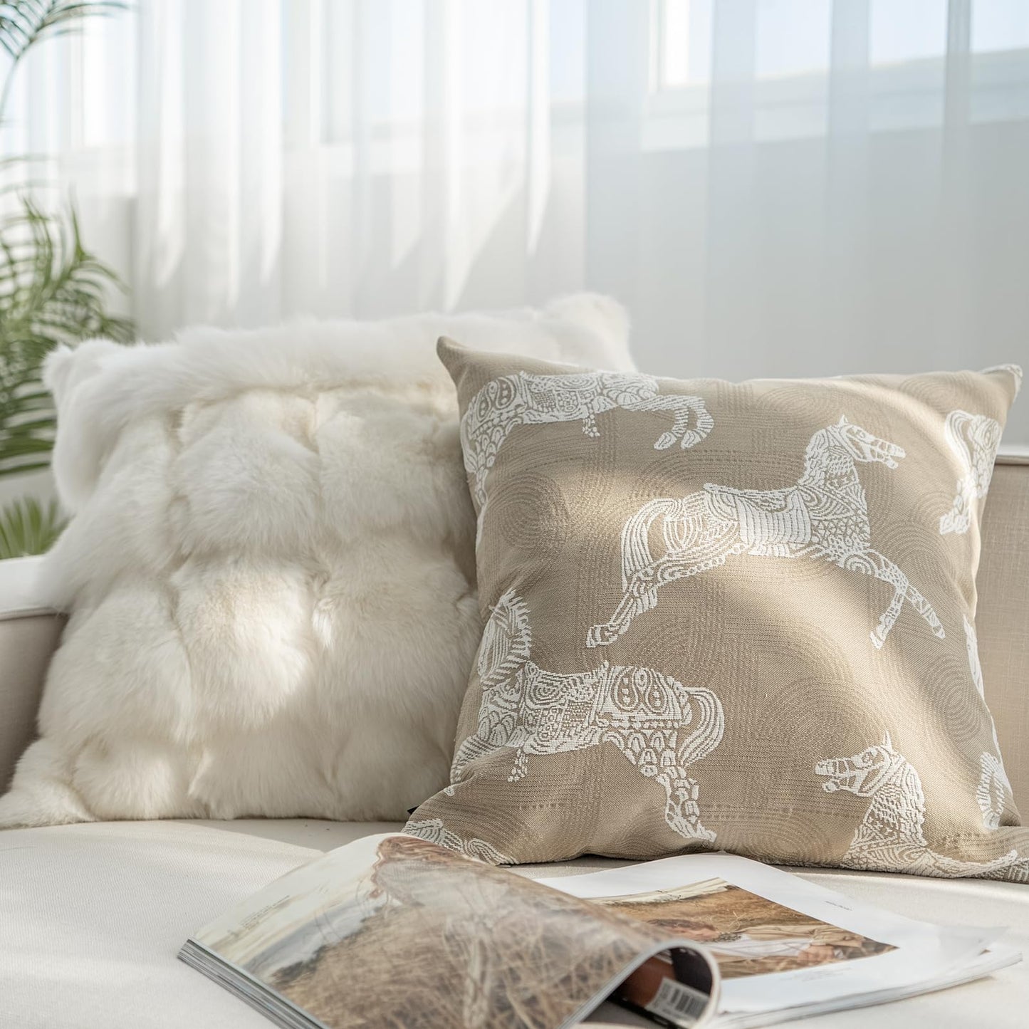 Croker Horse 20x20'' Inches Throw Pillow Cushion Cover - Beige Royal Horse Pattern Chenille Embroidery Jacquard Luxury Modern Fashion Style Couch Sofa Pillow Covers for Bedroom Living Room