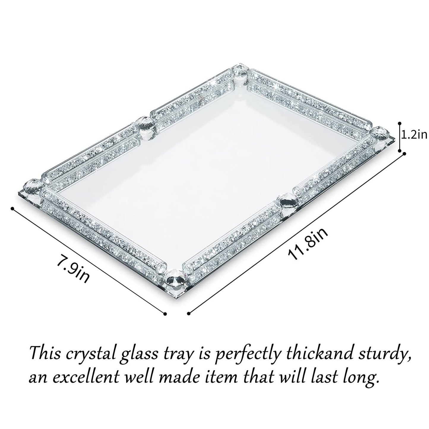YCWF Mirror Perfume Tray for Dresser,Crushed Diamond Filled Glass Vanity Tray,Decorative Bathroom Tray,Crystal Tray for Home Decorative,Party,Hotel Banquet,11.8"x 7.9"x1.2",Silver