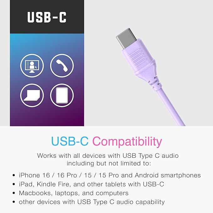 MEE audio KidJamz KJ55 Personalized USB-C Safe Listening Wired Headphones for Kids with Custom LED-Backlit Design, Volume Limiter, & Microphone for iPhone 15, iPad, & USB Type C Devices (Lavender)