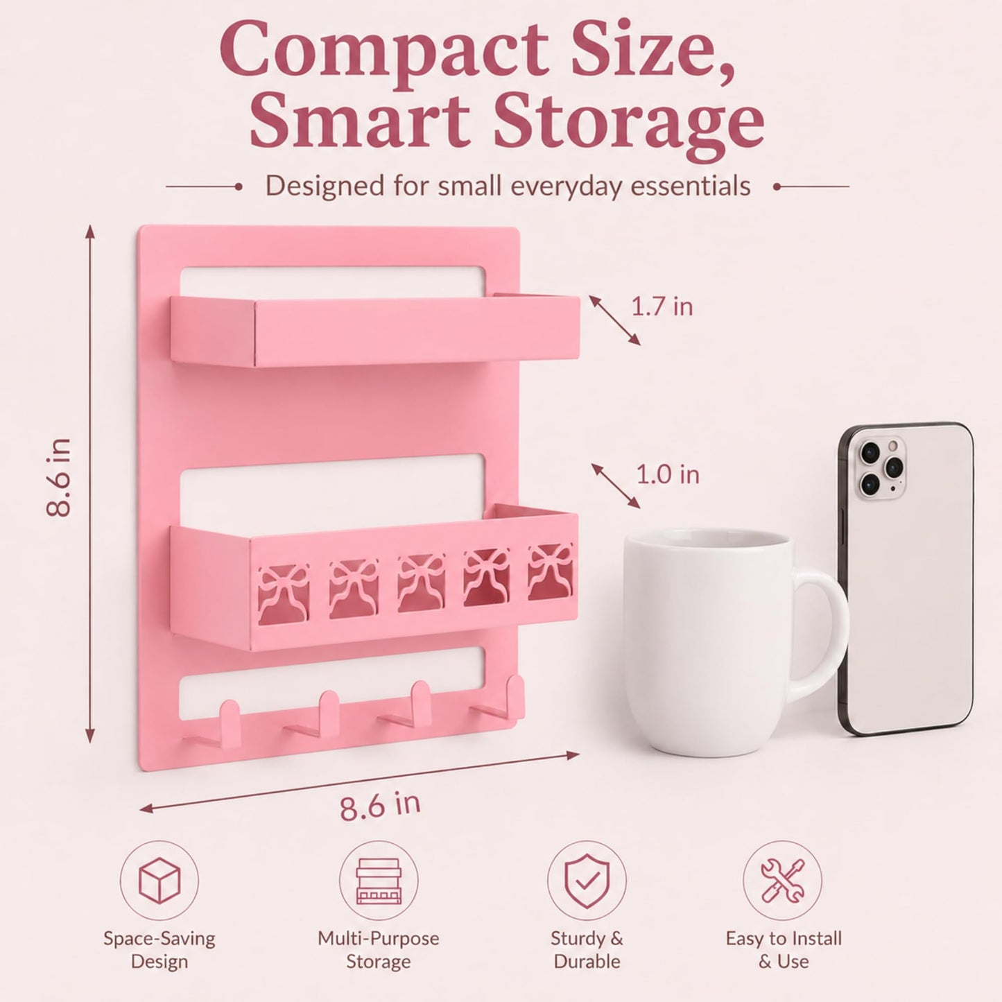 Otoolling Floating Shelves for Bedside Pink Bow Coquette Aesthetic Room Decor Metal Wall Mount Bedside Wall Shelf Organizer Cute Bedroom Accessories for Teen Girl Dorm Room Bunk Bed