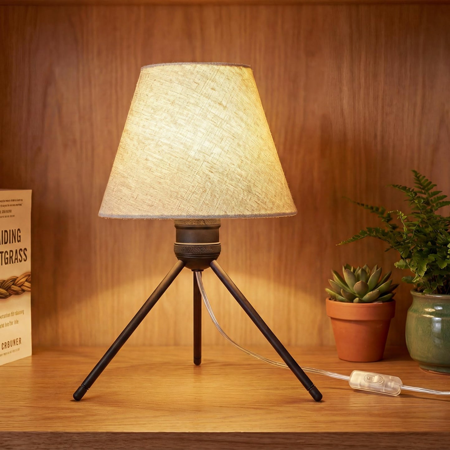 PSDSSHIIS Modern Table Lamp Small Bedside Lamp Metal Linen 13.8 Inches, Soft Light (3000K), Simple Style Design, Button Switch, Suitable for Nightstand Bedroom Lamp, Study and Dormitory (Sand Black)