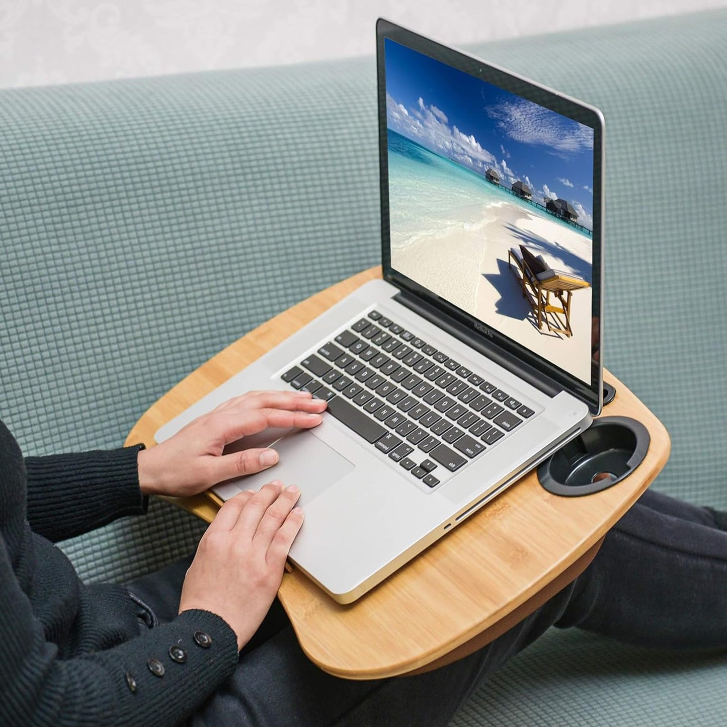 SANJIMO Lap Desk for Laptop with Cushion-Fits up to 18 inch, Bamboo Computer Laptop Stand with Phone Hoder, Cup Holder, Anti-Slip Stopper