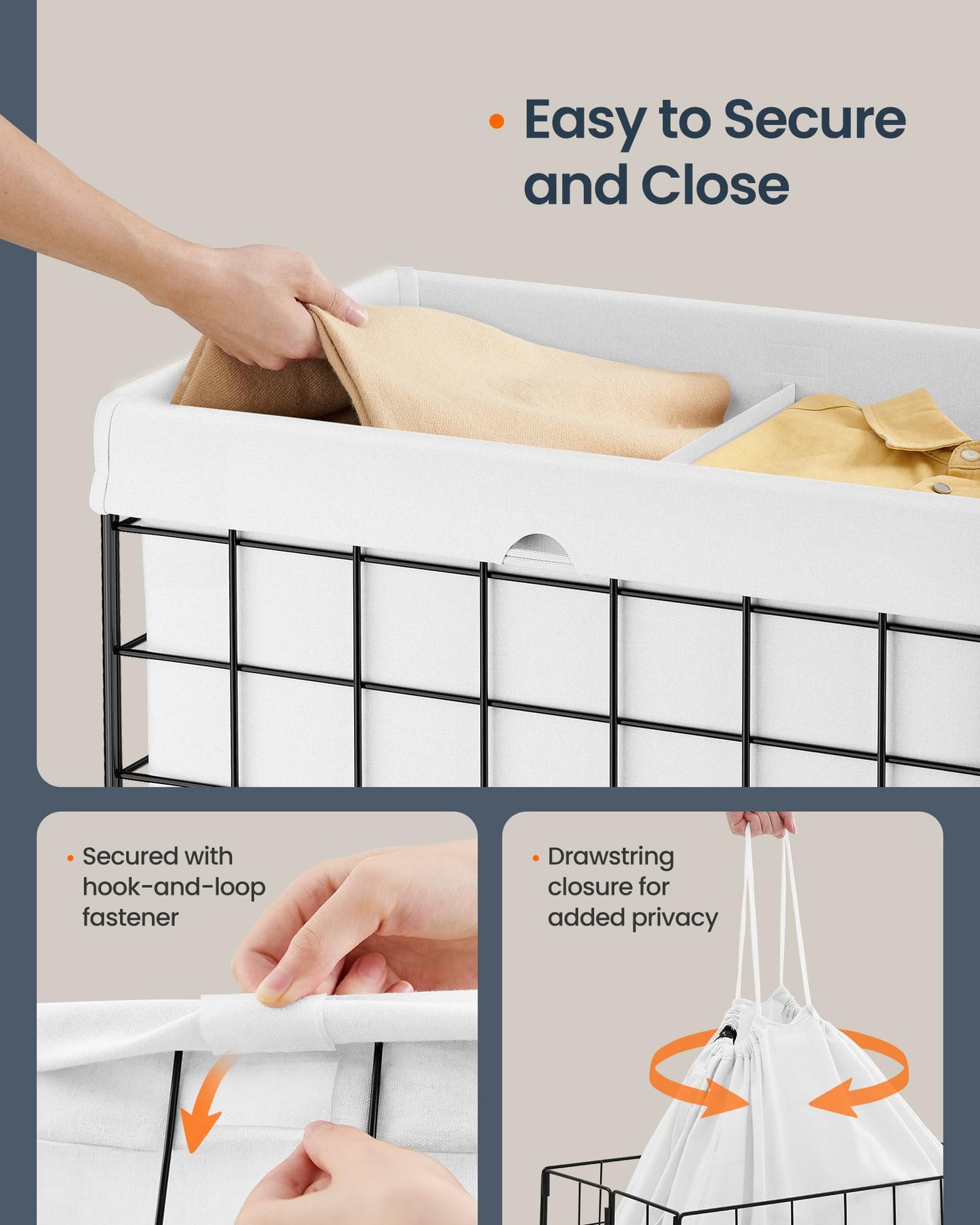 SONGMICS HOME Laundry Basket, Foldable Laundry Hamper, Clothes Hamper, Removable Liner with Handles, for Bedroom, Bathroom, 34.3 Gal. (130 L), White