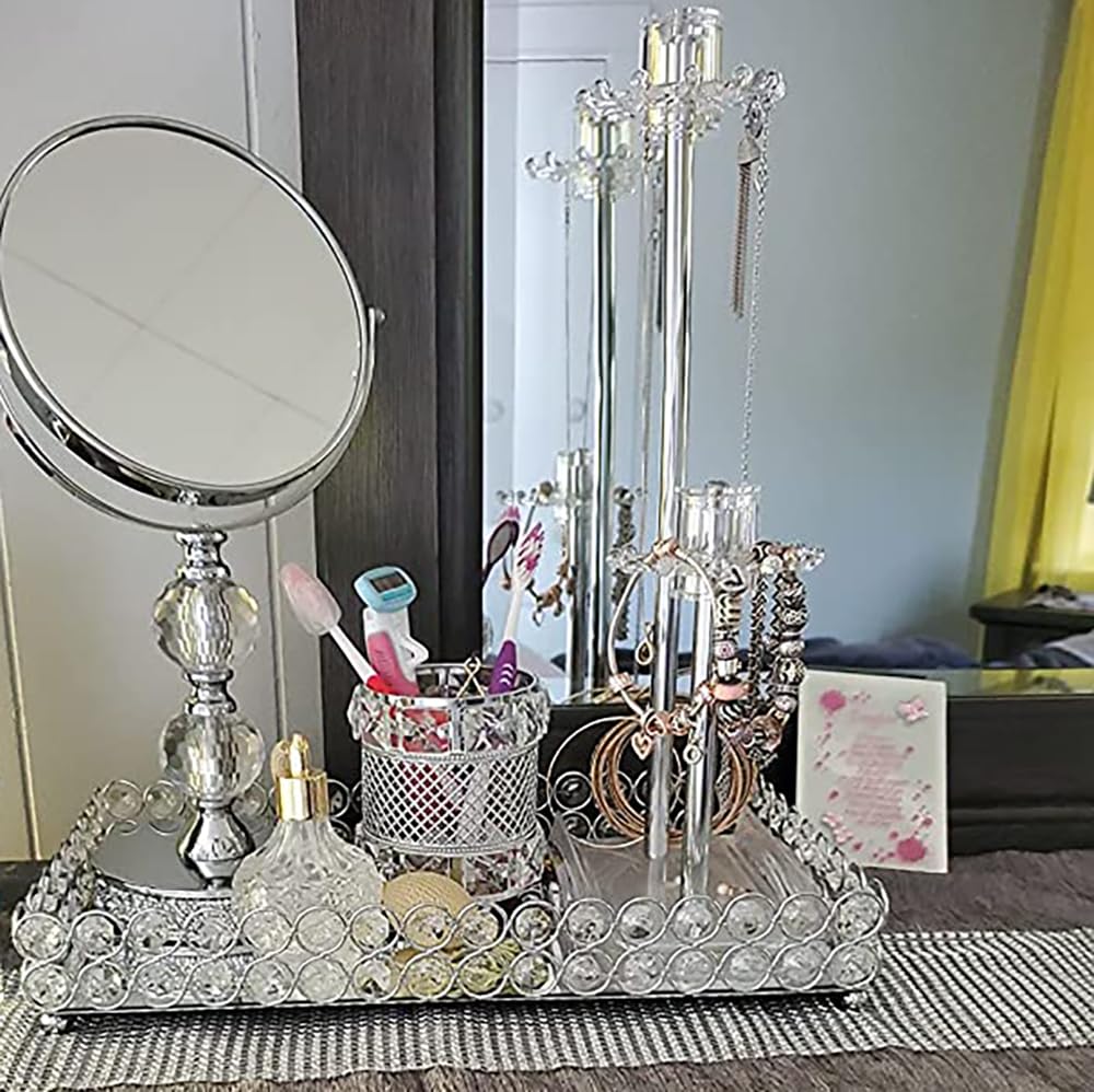 Hedume Crystal Cosmetic Mirrored Makeup Tray, 12.3" x 8", Large Jewelry Organizer, Ornate Decorative Vanity Tray for Dresser, Countertop, Wedding, Home, Bathroom
