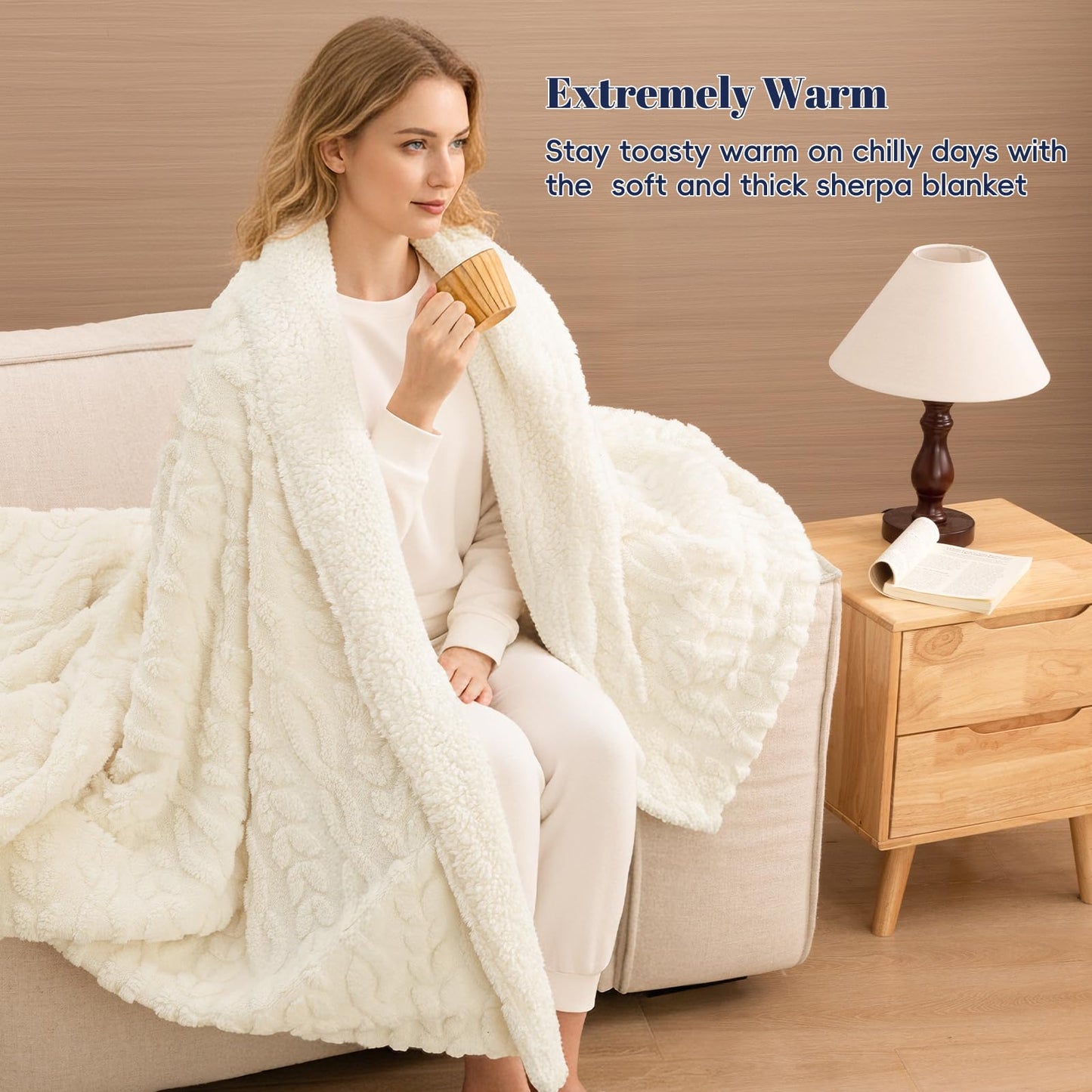 PHF Fluffy Sherpa Blanket Queen Size for Winter, Warm and Soft, 510GSM 3D Jacquard Thick Shaggy Fleece Plush Blanket for Sofa Bed, Cream, 90"x90"