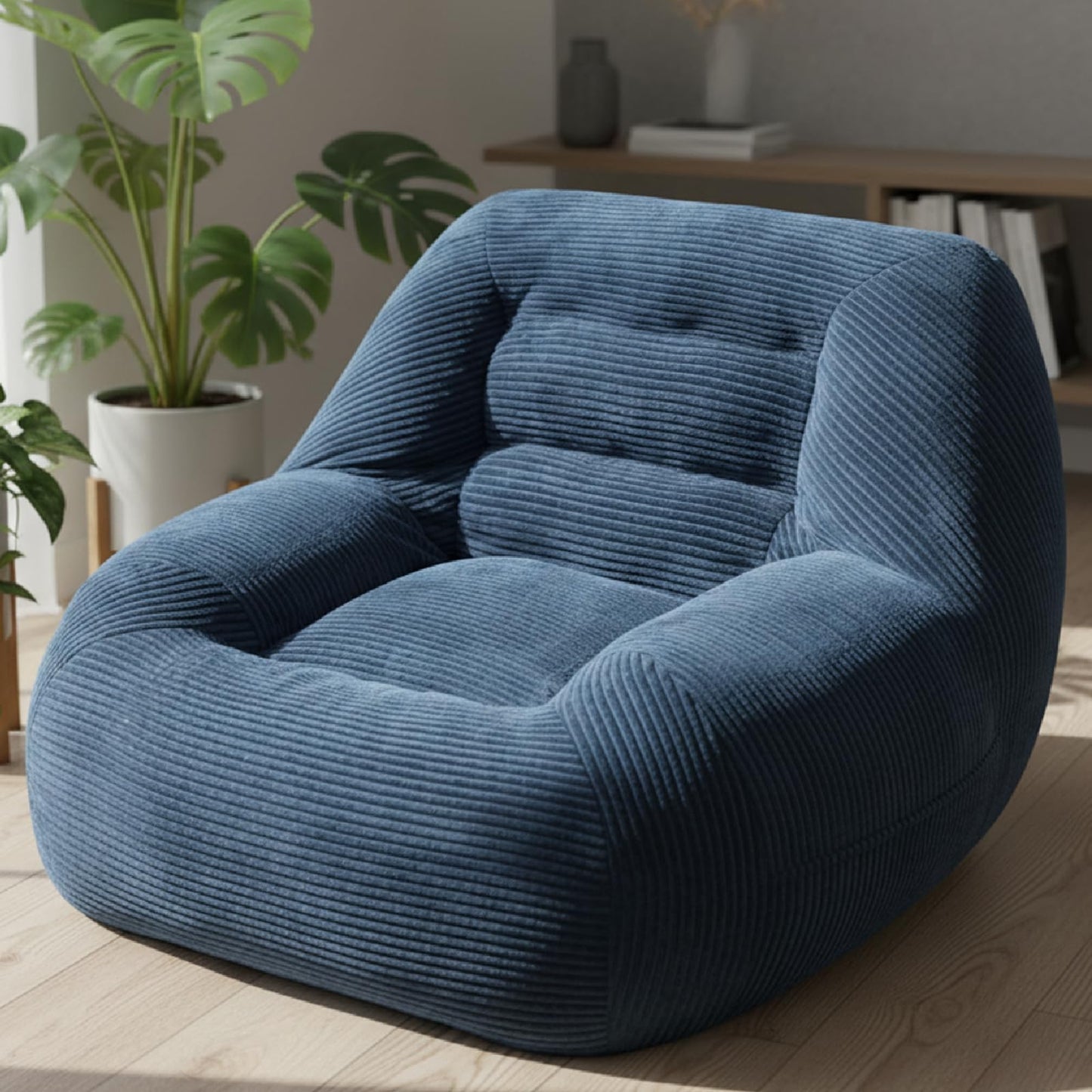 KEIKI Large Bean Bag Chair, Oversized Beanbag Lazy Sofa Chair for Adults & Kids, Space Saving Cozy Corduroy Cloud Couch for Living Room Reading, No Assembly Required Accent Chaise Lounge Indoor, Blue